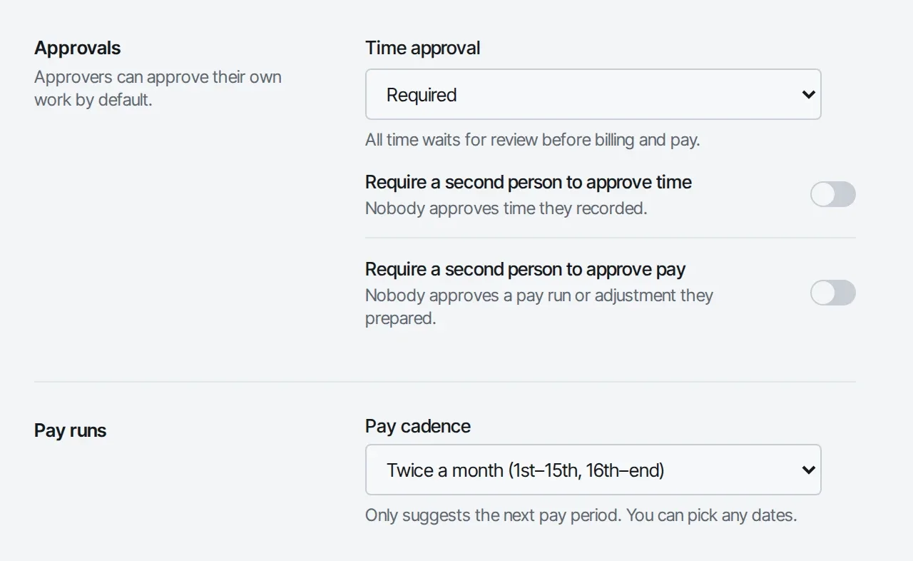 Approval settings: Time approval set to Required, two switches for a second approver, and Pay cadence set to twice a month.