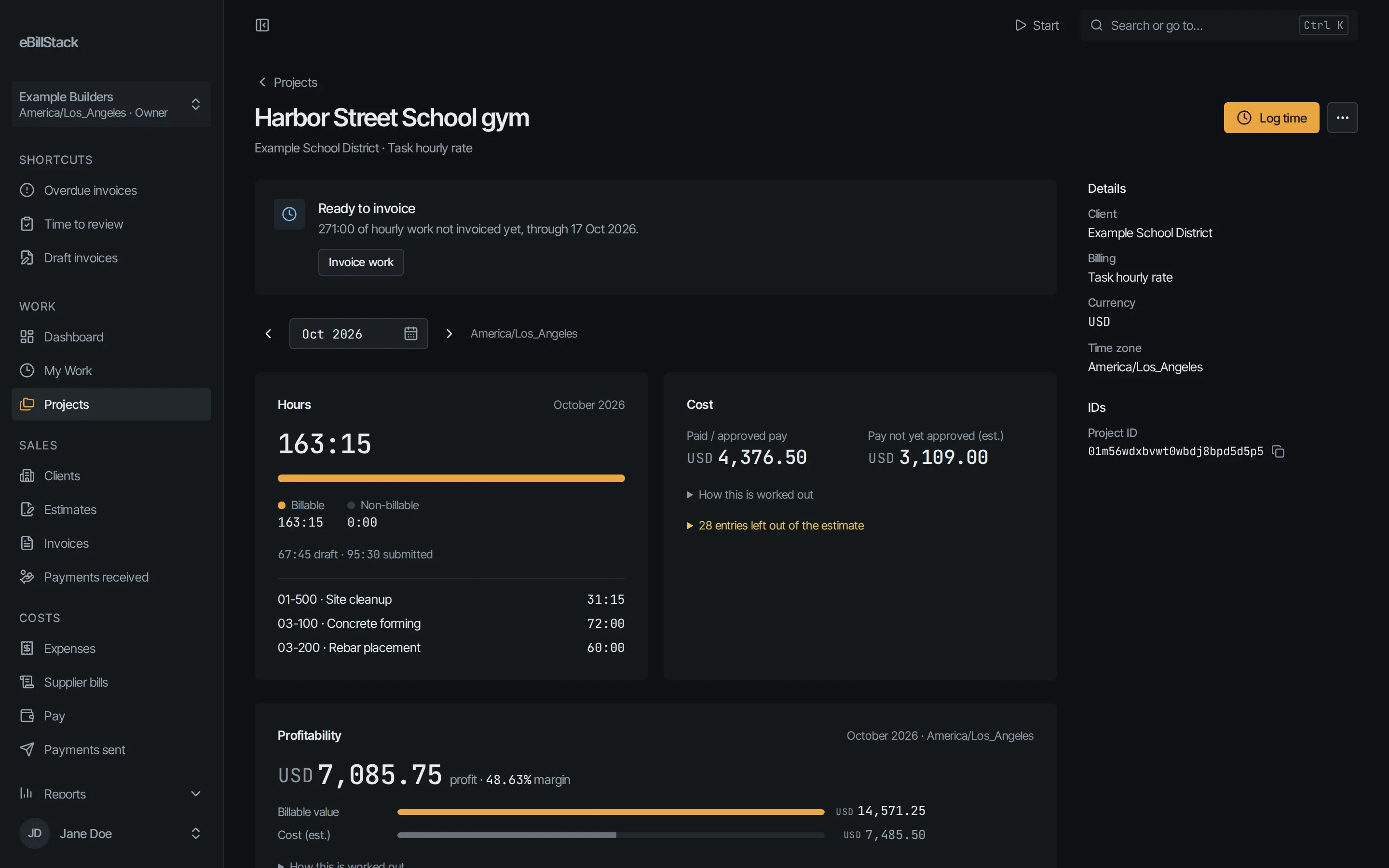 The Harbor Street School gym project: this month's hours by cost code, ready to invoice, with cost and profit.