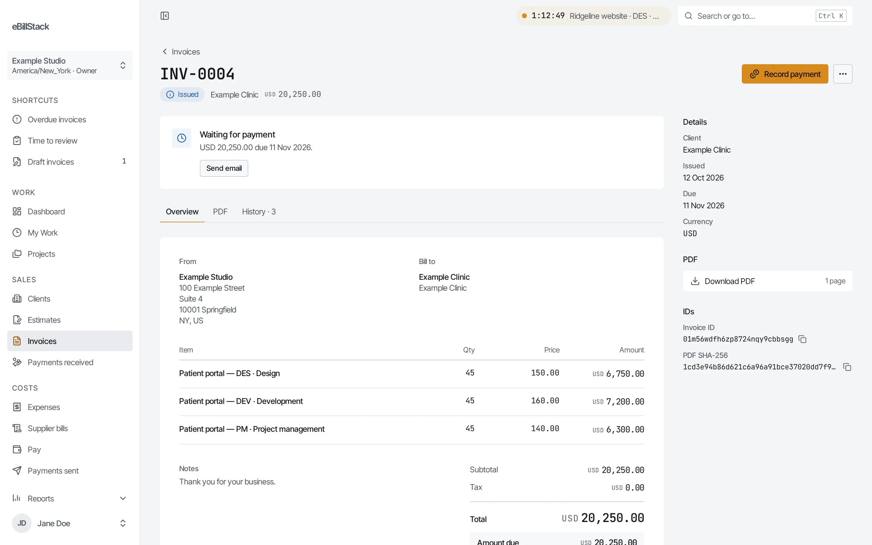 An issued invoice to Example Clinic with one line per task and USD 20,250.00 due.