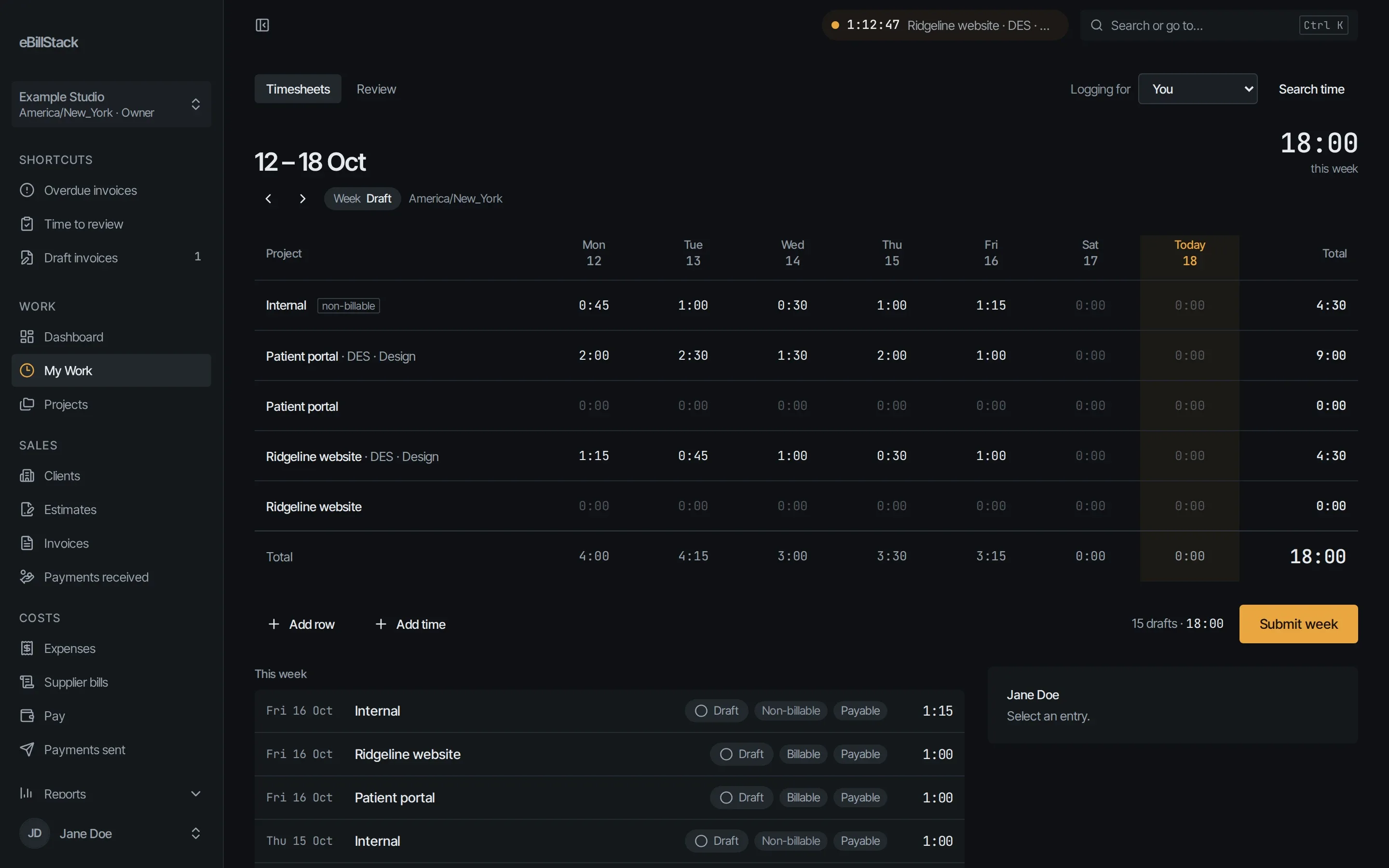 A week's timesheet with hours per project and task, a running timer and Submit week.