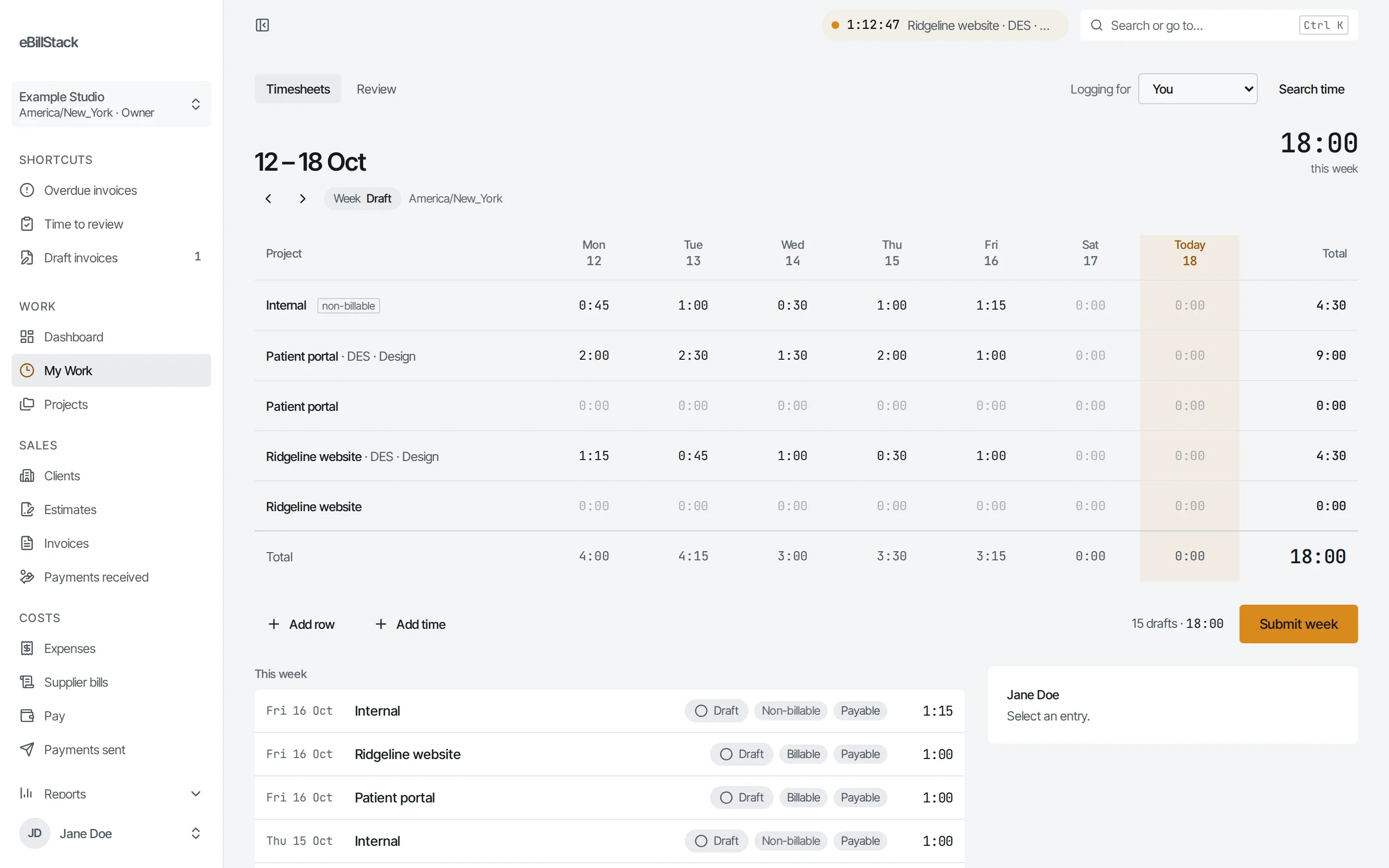 A week's timesheet with hours per project and task, a running timer and Submit week.