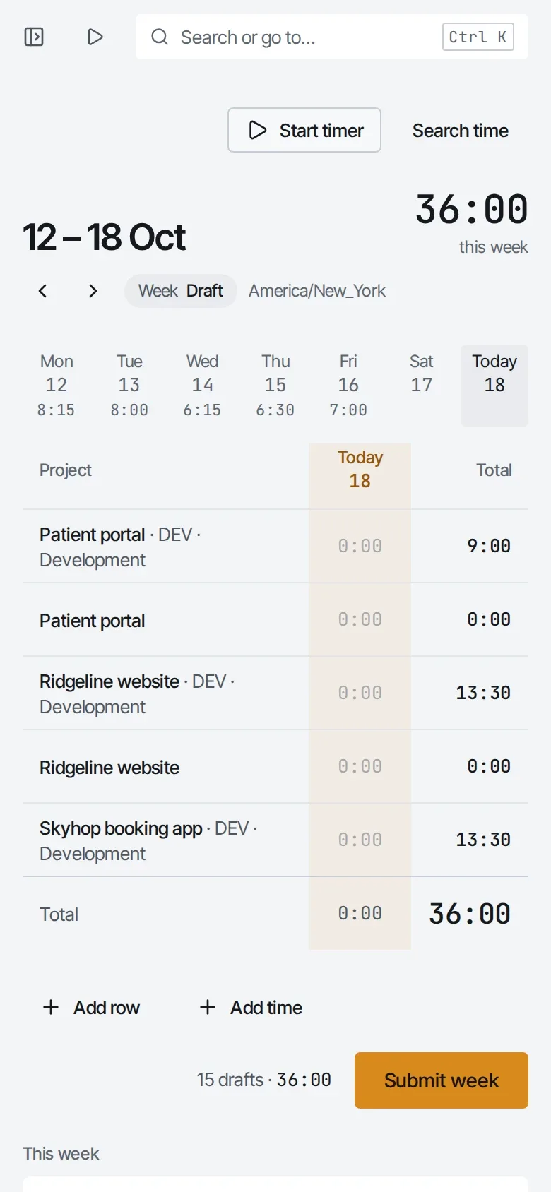 Mary Major's week on a phone, with Submit week.