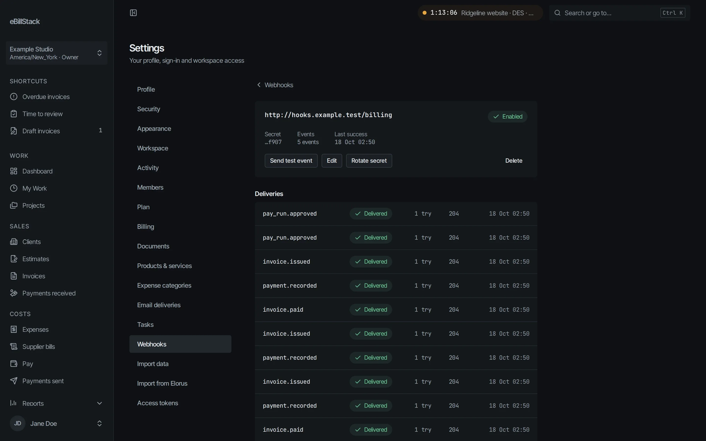 A webhook endpoint, enabled, with its delivery log: invoice, payment and pay run events, each delivered on the first try.
